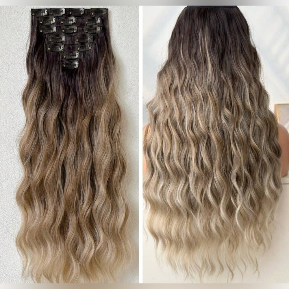 Water Wave Brown to Ash Blonde Balayage Clip in Hair Extensions Set